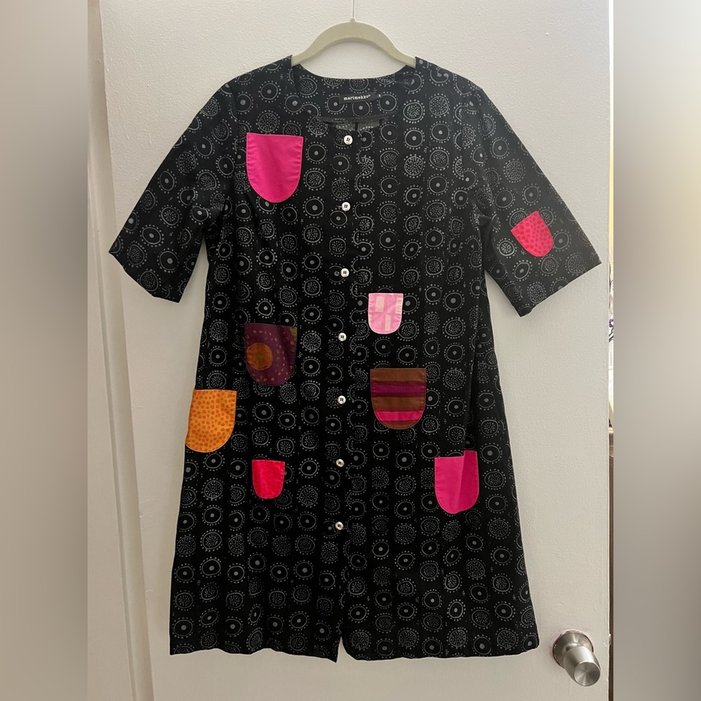 Marimekko Black Dress with Pink and Orange Pockets